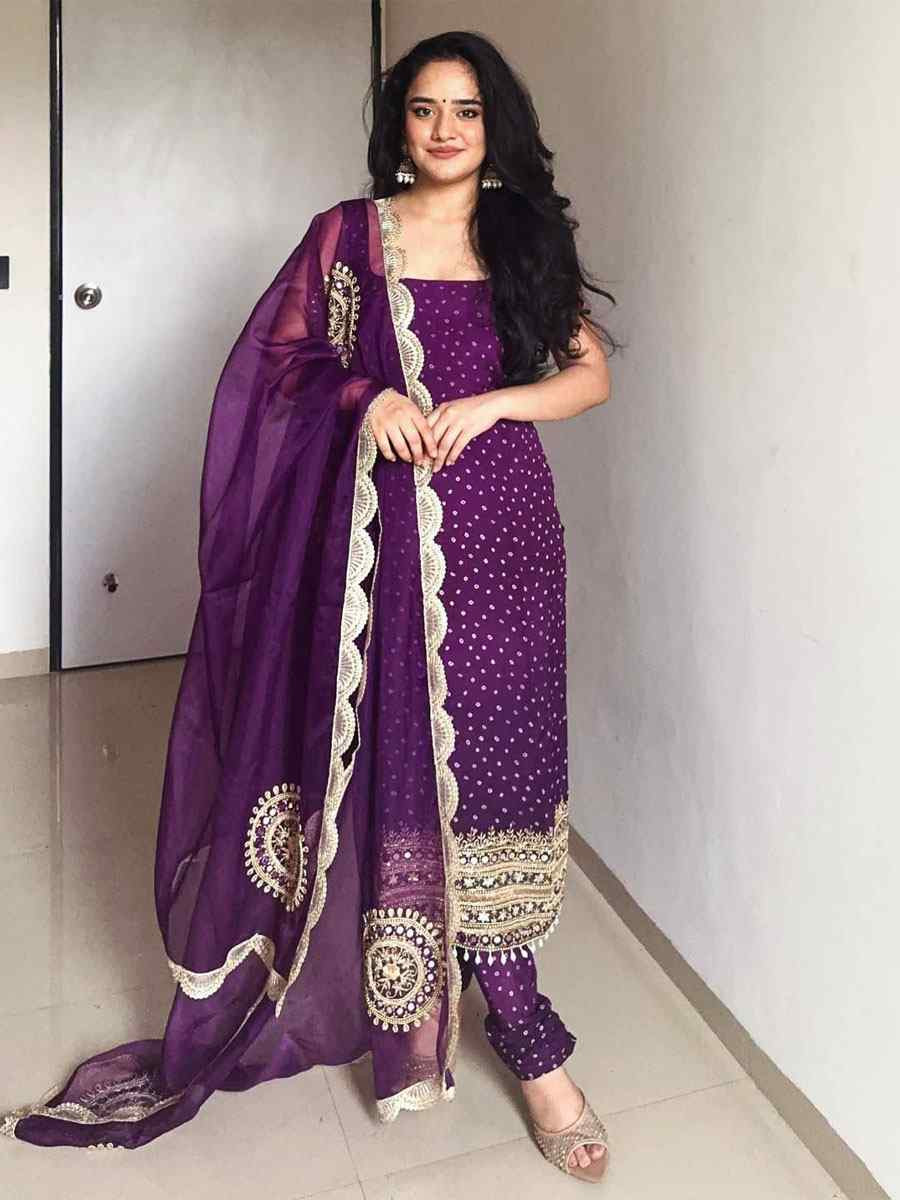 Purple Faux Georgette Embroidery Party Wedding Festival Casual Ready Churidar Salwar Kameez