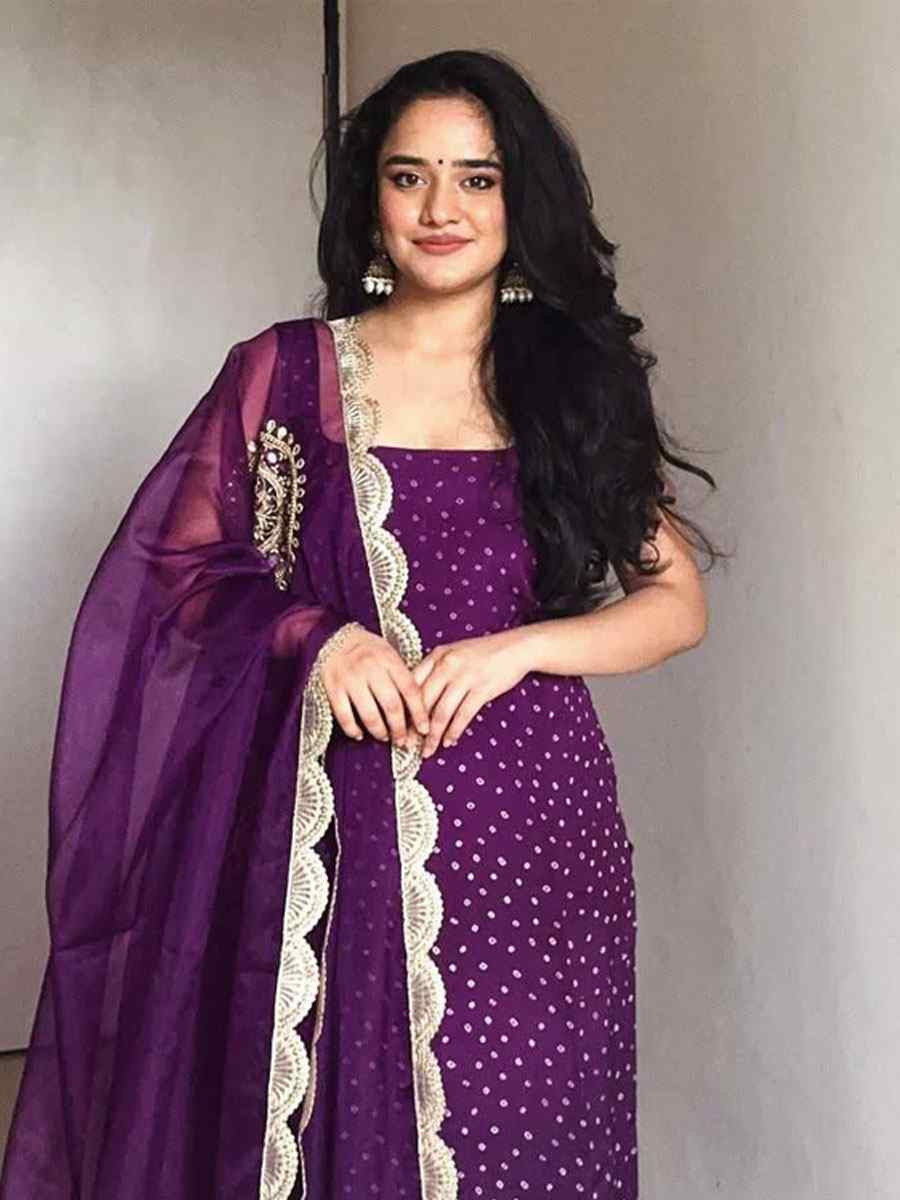 Purple Faux Georgette Embroidery Party Wedding Festival Casual Ready Churidar Salwar Kameez