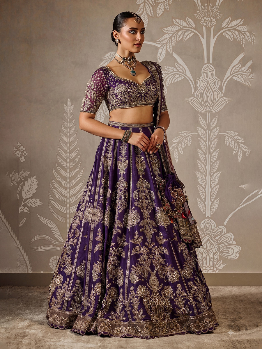 Purple Faux Georgette Embroidery Sequins Wedding Reception Festival Party Wear Heavy Border Lehenga Choli