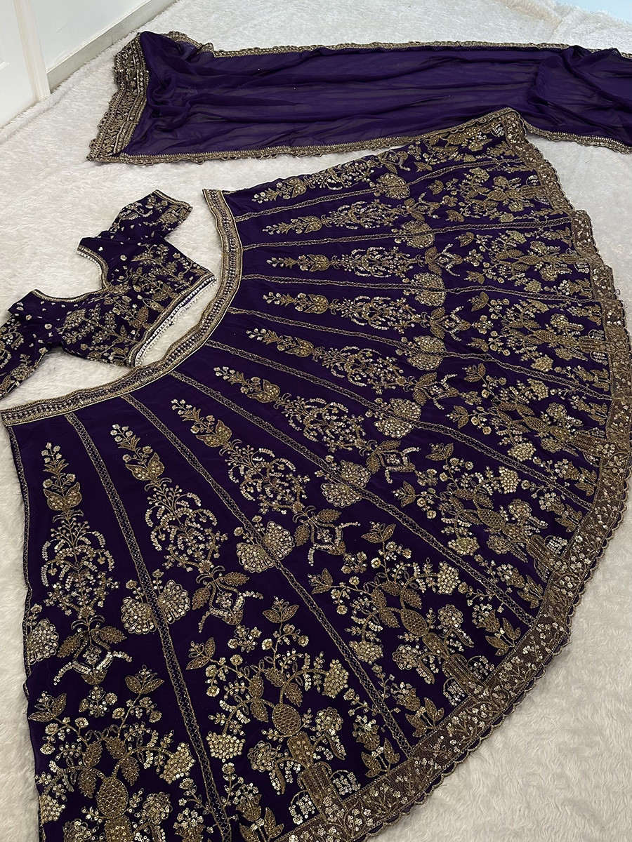 Purple Faux Georgette Embroidery Sequins Wedding Reception Festival Party Wear Heavy Border Lehenga Choli
