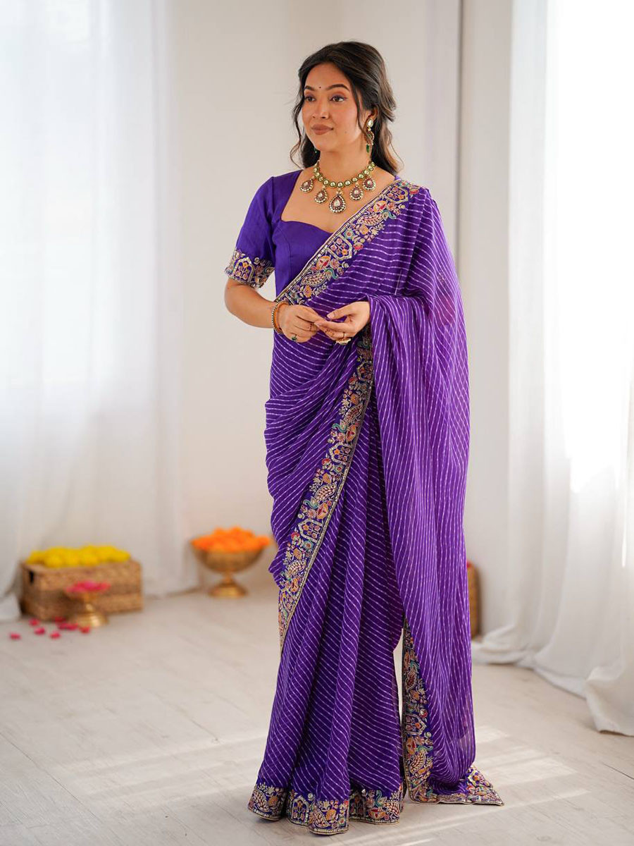 Purple Faux Georgette Embroidery Sequins Wedding Reception Party Festival Casual Heavy Border Sarees