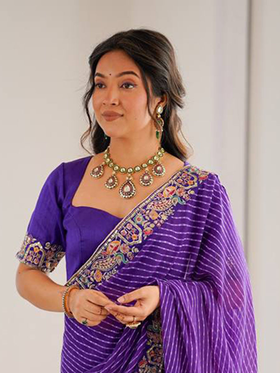 Purple Faux Georgette Embroidery Sequins Wedding Reception Party Festival Casual Heavy Border Sarees