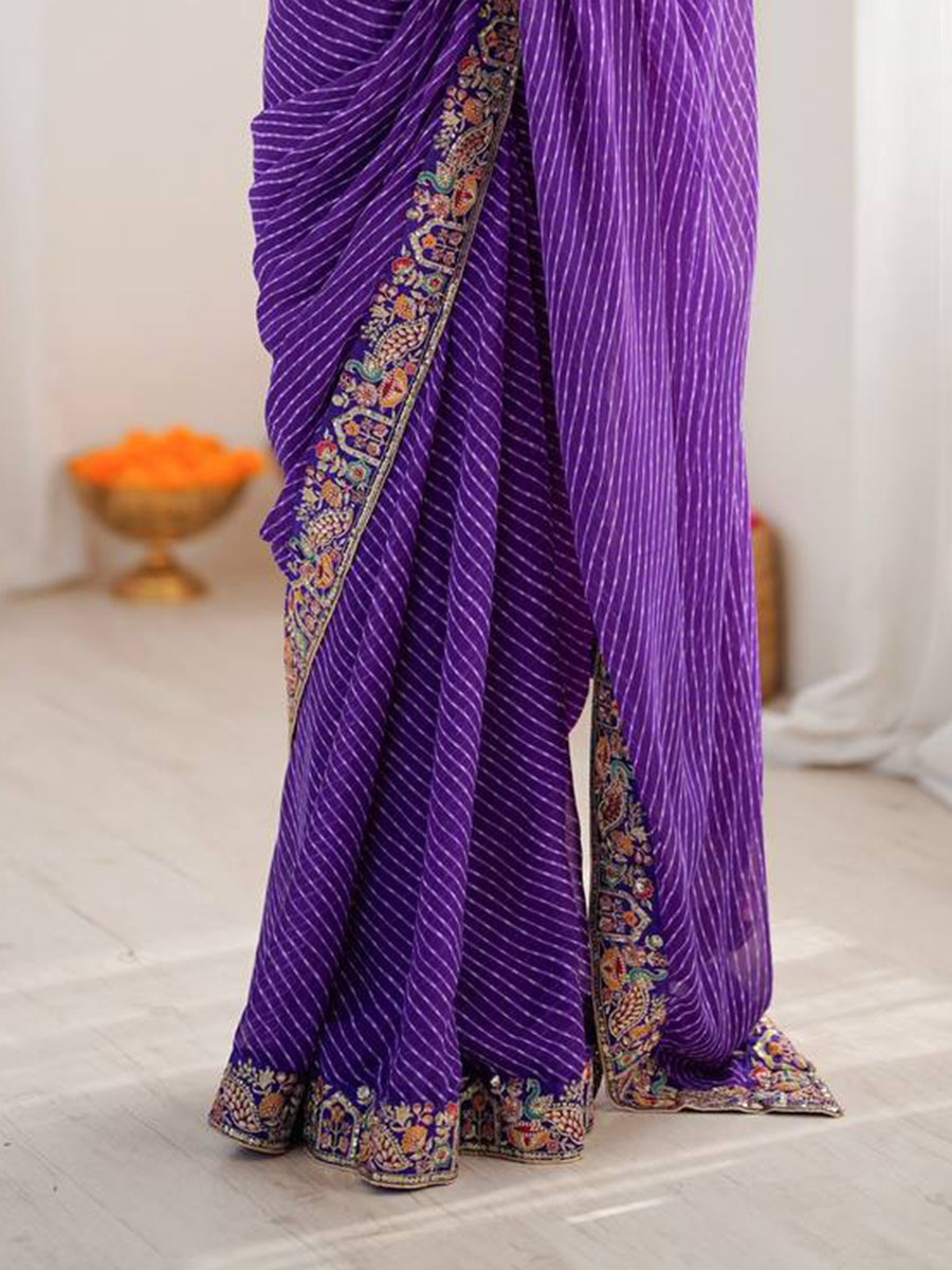 Purple Faux Georgette Embroidery Sequins Wedding Reception Party Festival Casual Heavy Border Sarees