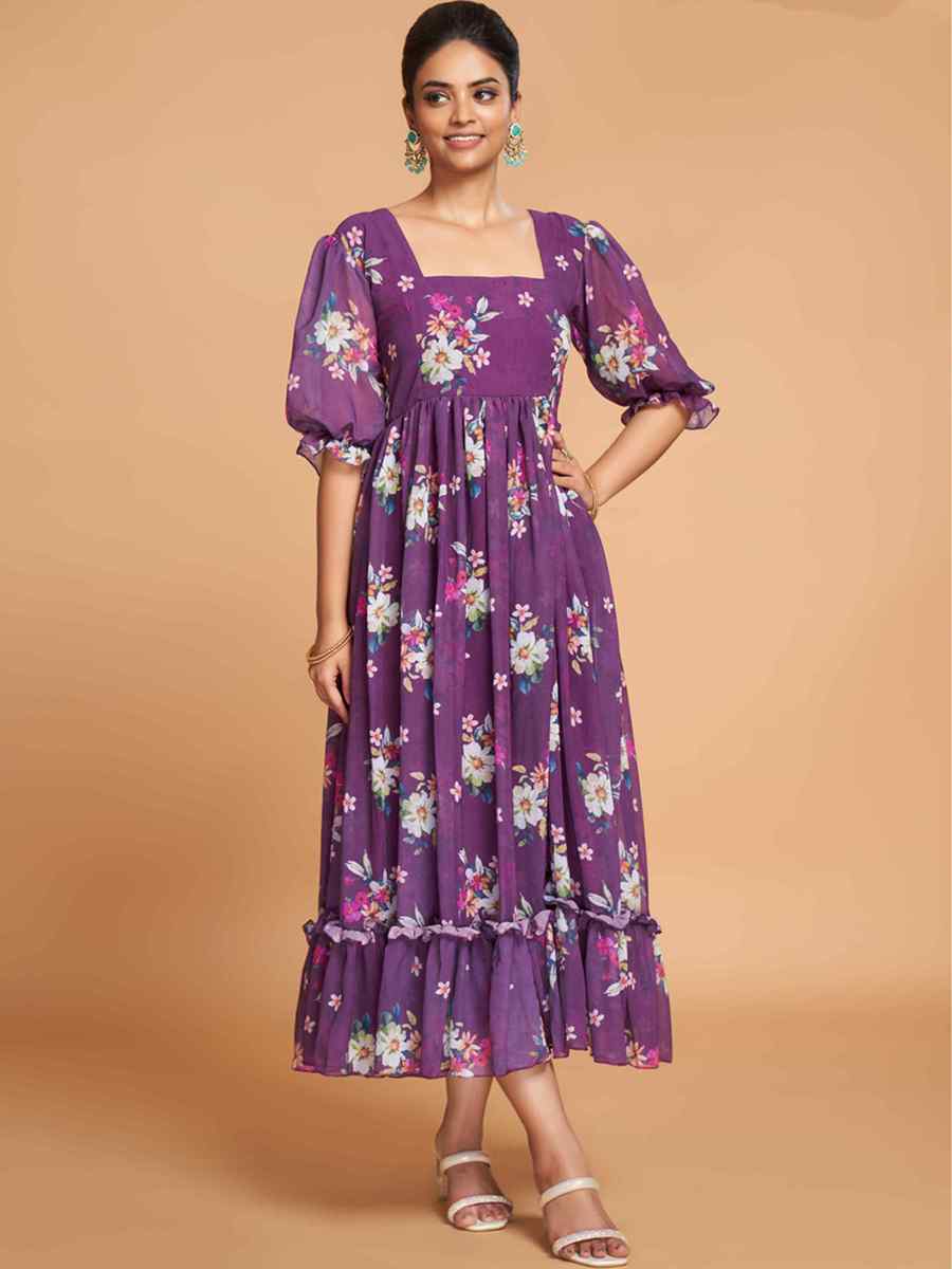 Purple Faux Georgette Printed Festival Casual Gown