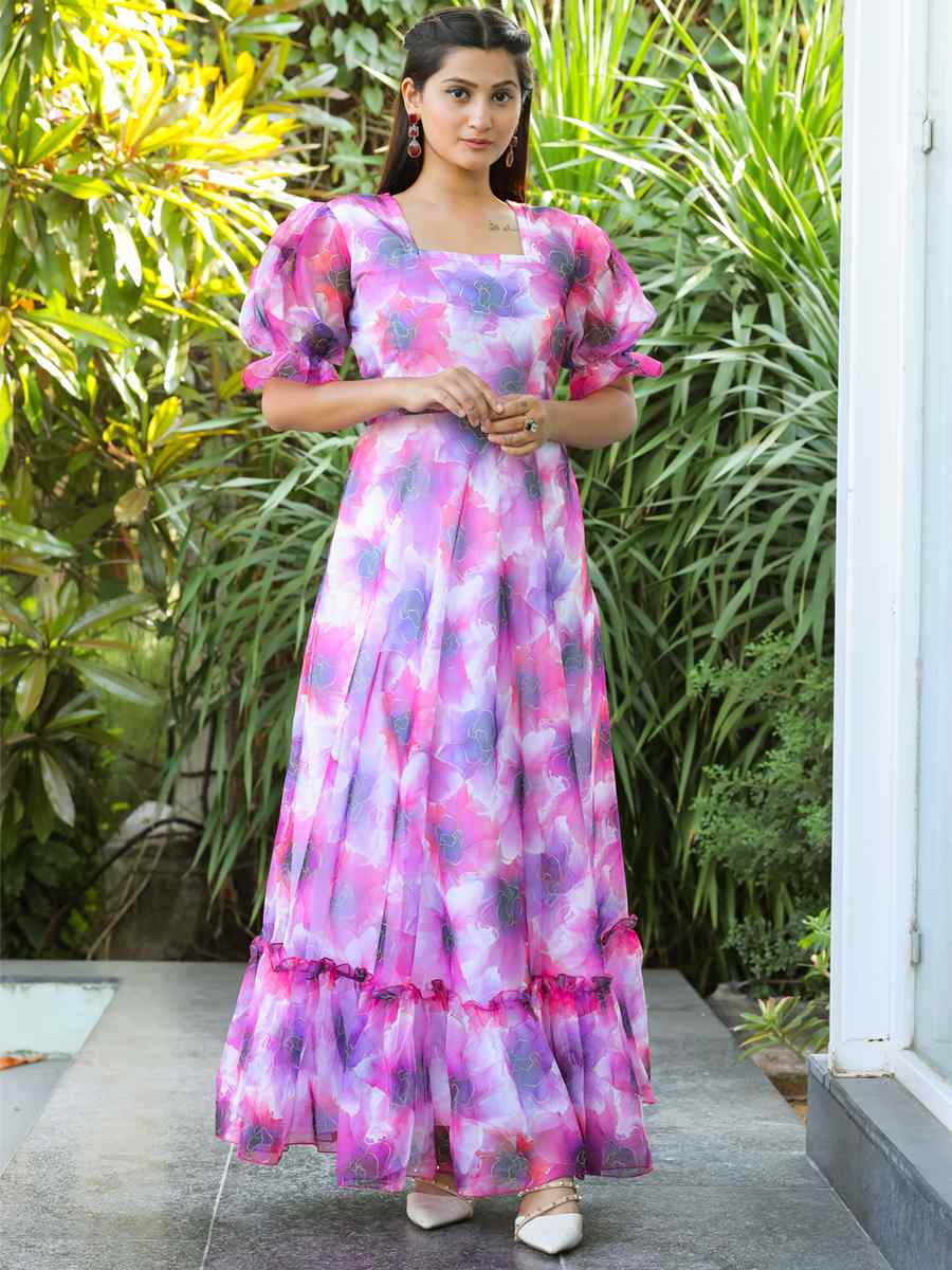 Purple Faux Georgette Printed Festival Casual Gown