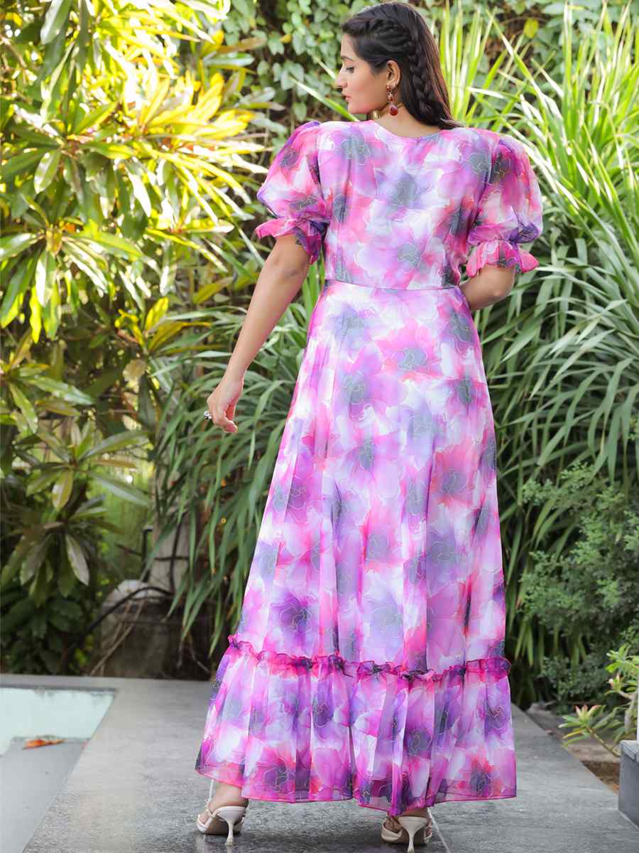 Purple Faux Georgette Printed Festival Casual Gown