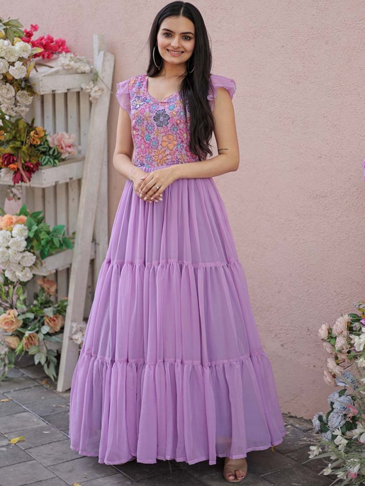Purple Faux Georgette Printed Festival Party Gown