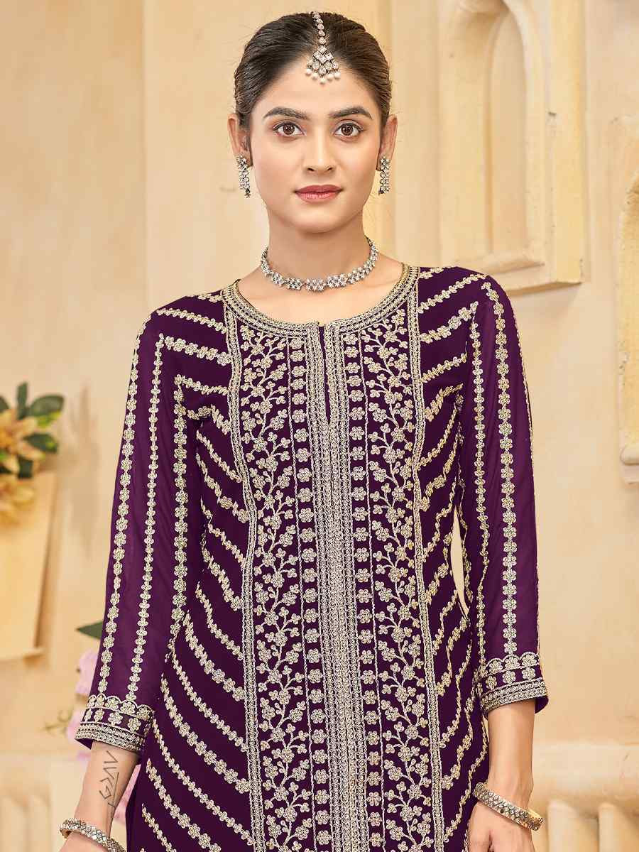 Purple Faux GeorgetteEmbroidered Casual Festival Palazzo Pant Salwar Kameez