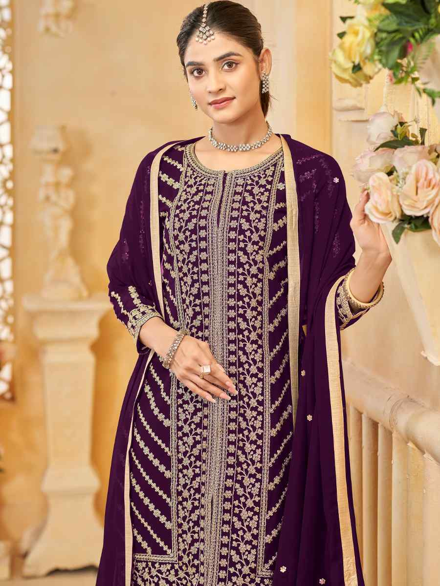 Purple Faux GeorgetteEmbroidered Casual Festival Palazzo Pant Salwar Kameez