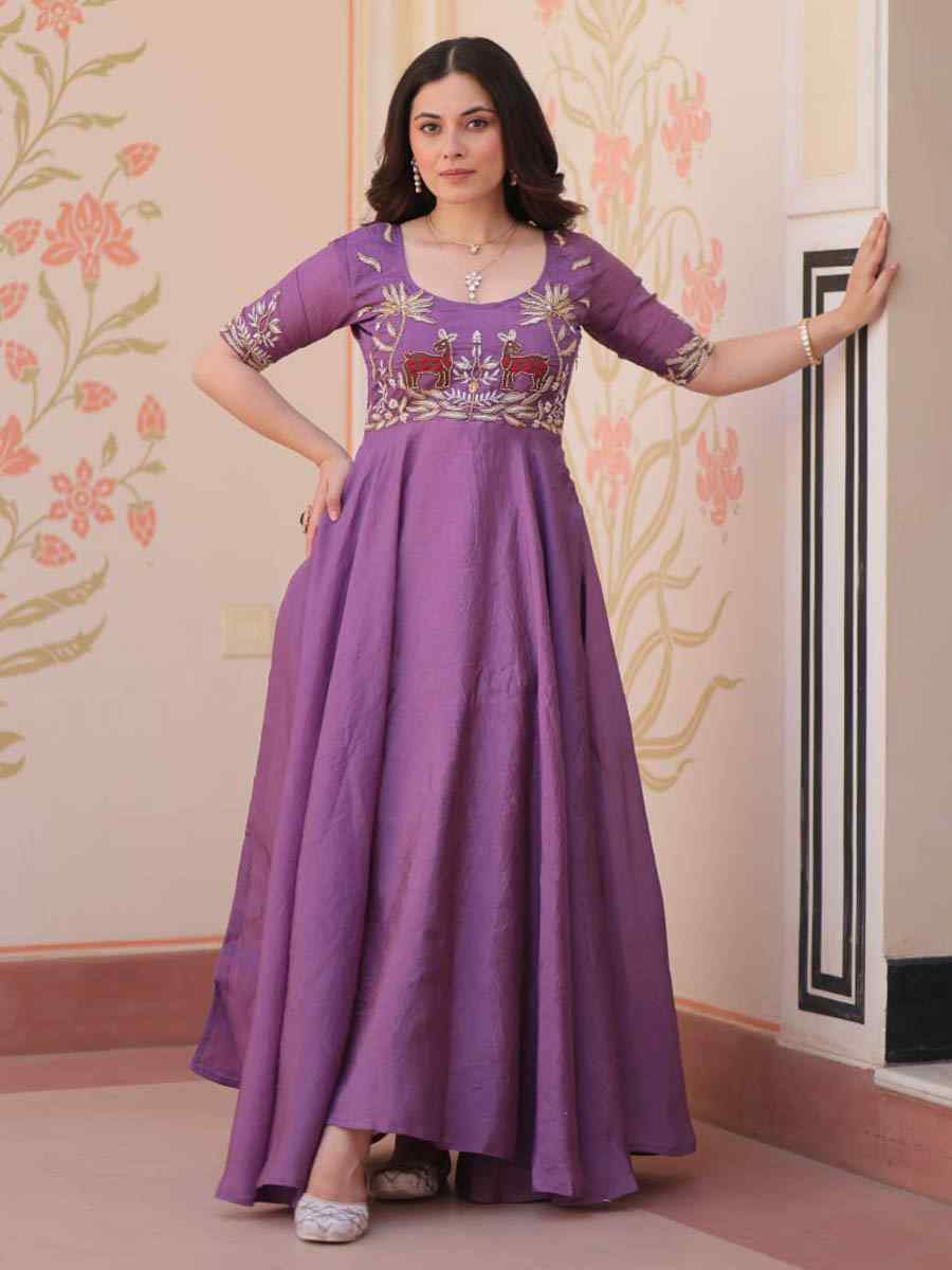 Purple Faux Silk Embroidered Festival Casual Gown