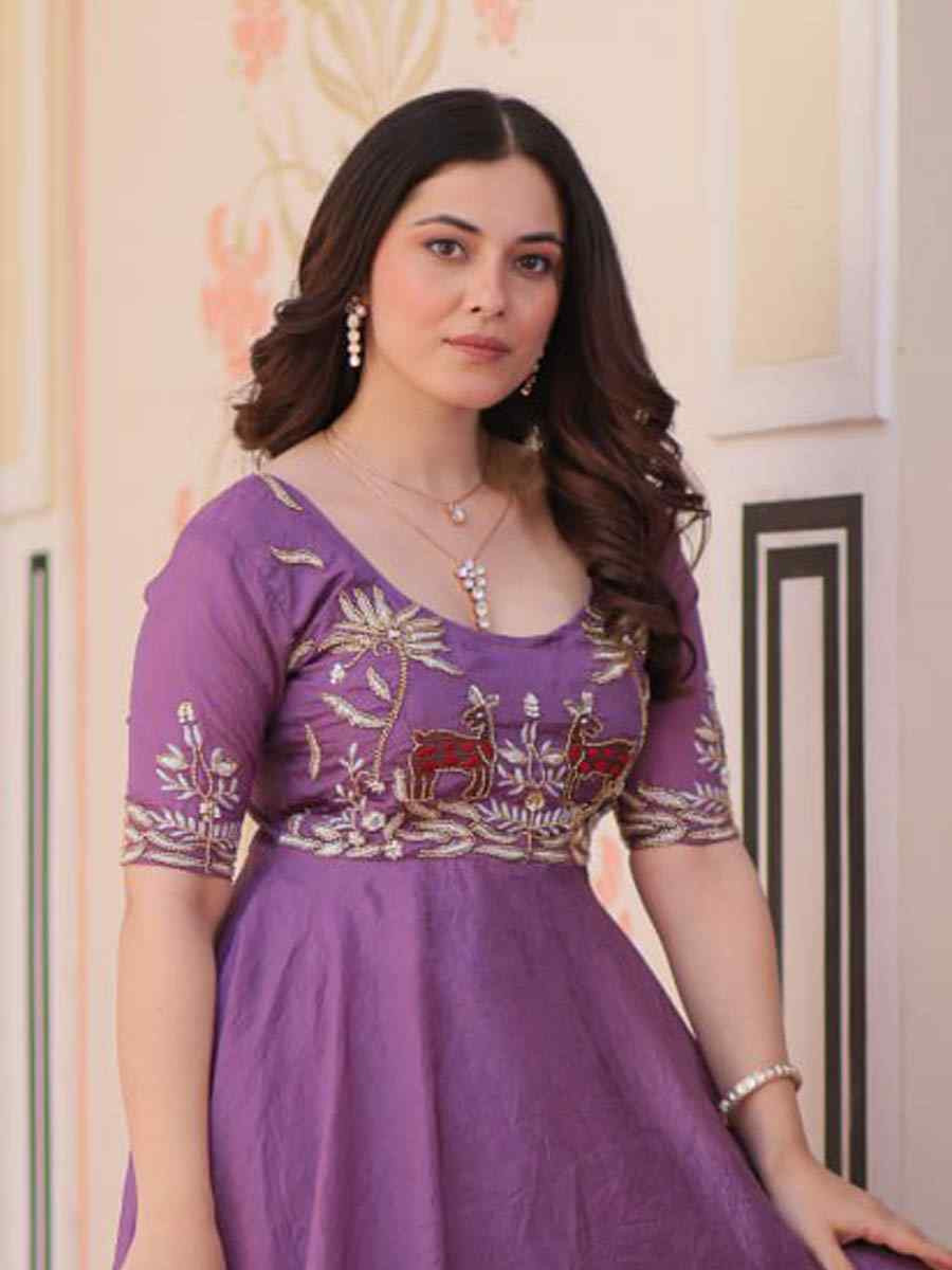 Purple Faux Silk Embroidered Festival Casual Gown