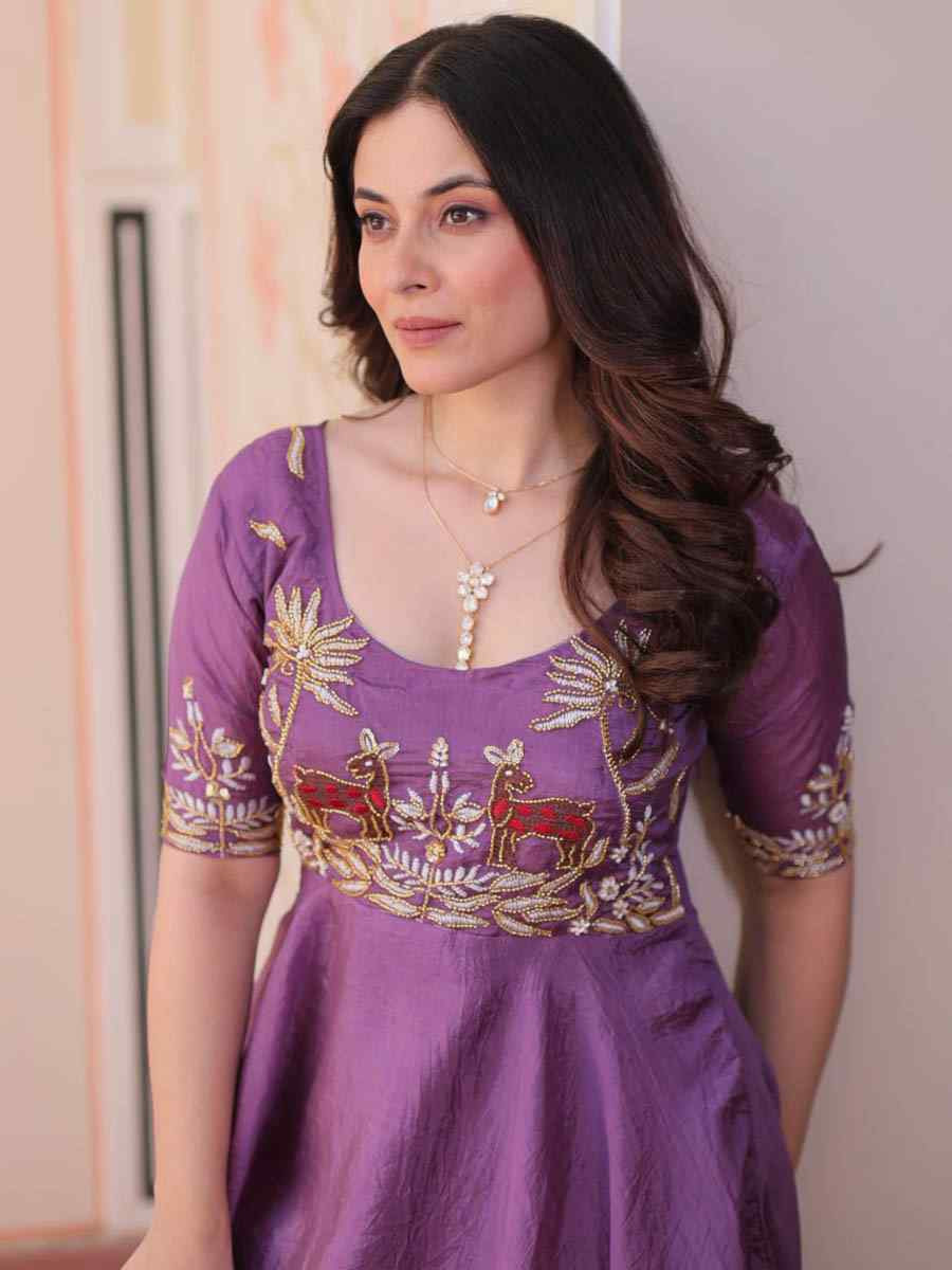 Purple Faux Silk Embroidered Festival Casual Gown