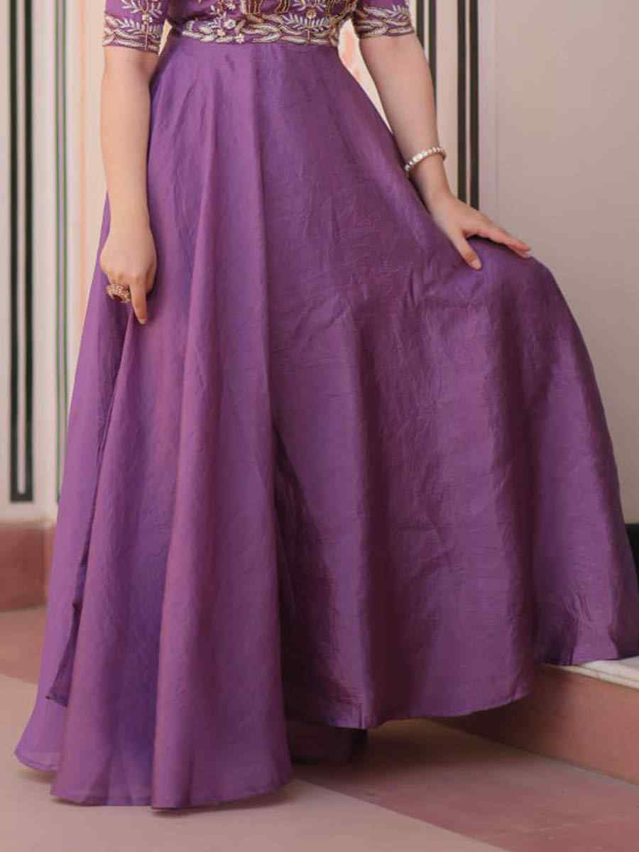 Purple Faux Silk Embroidered Festival Casual Gown