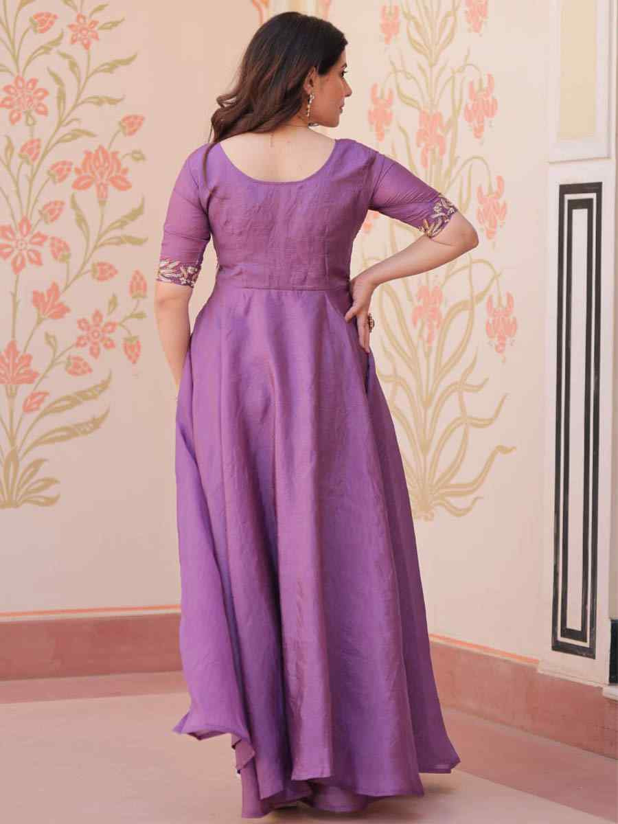 Purple Faux Silk Embroidered Festival Casual Gown