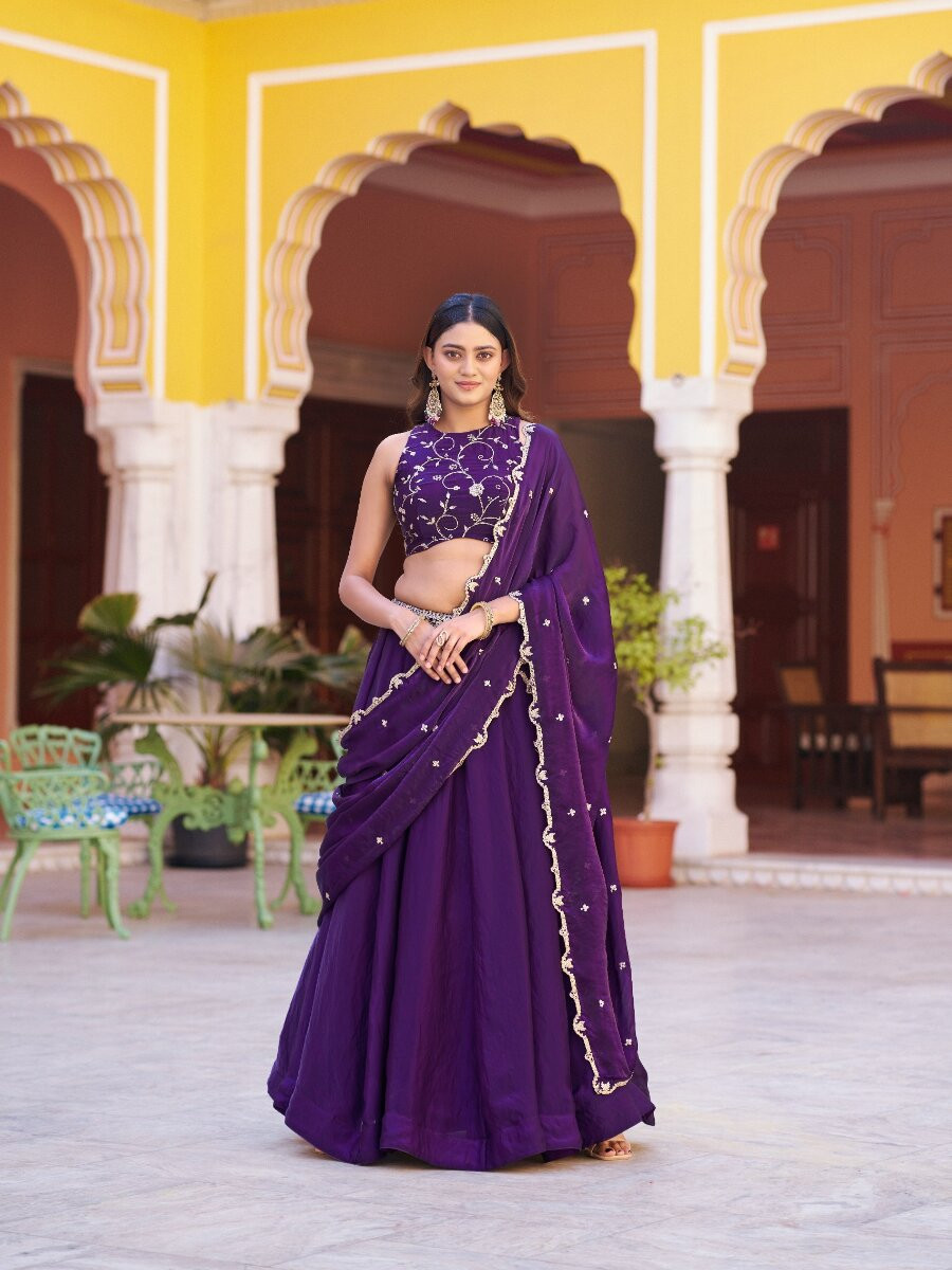 Purple Fendi Embroidery Zari Wedding Reception Party Festival Circular Lehenga Choli