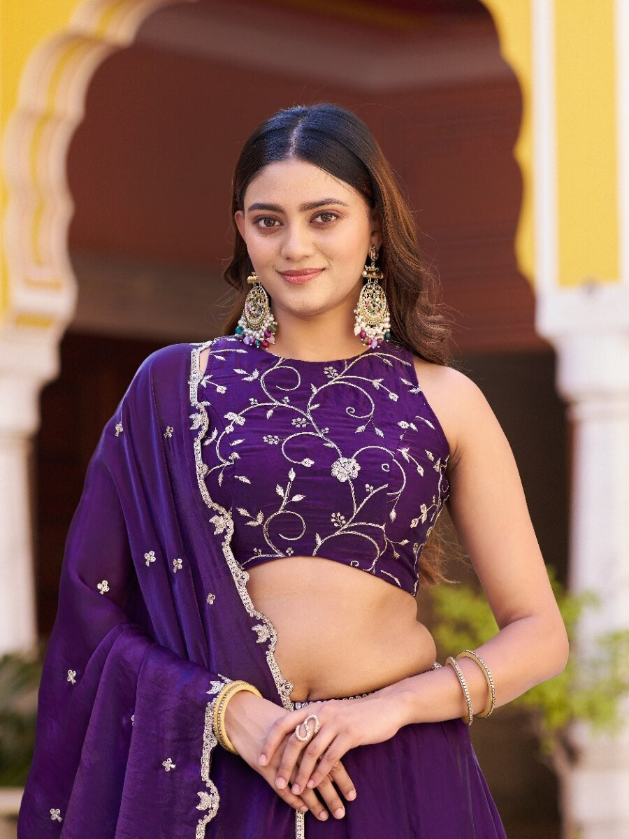 Purple Fendi Embroidery Zari Wedding Reception Party Festival Circular Lehenga Choli