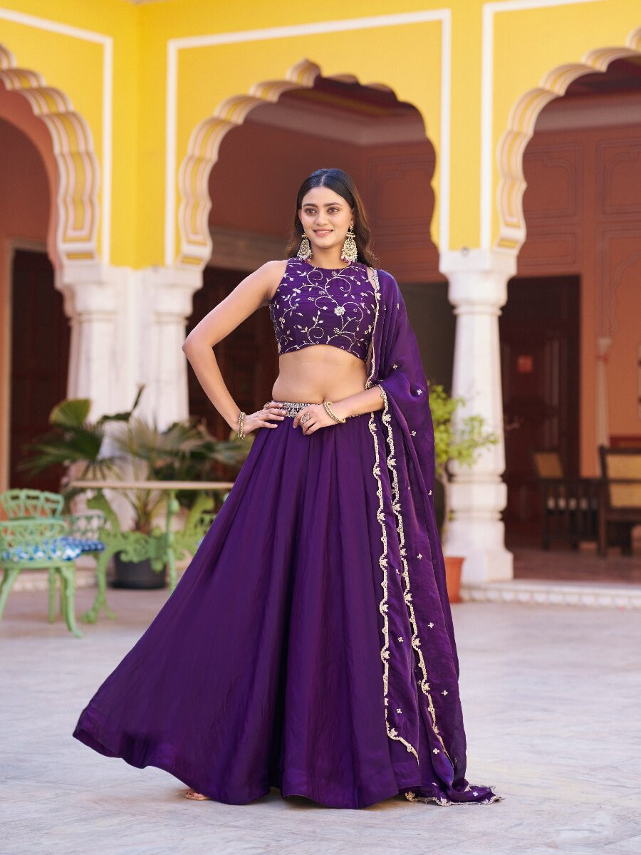 Purple Fendi Embroidery Zari Wedding Reception Party Festival Circular Lehenga Choli