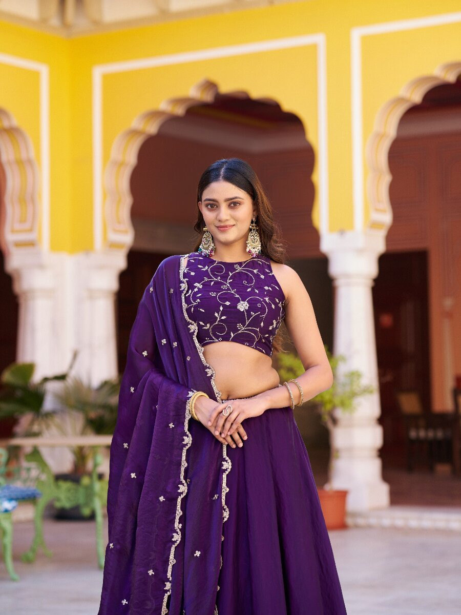Purple Fendi Embroidery Zari Wedding Reception Party Festival Circular Lehenga Choli