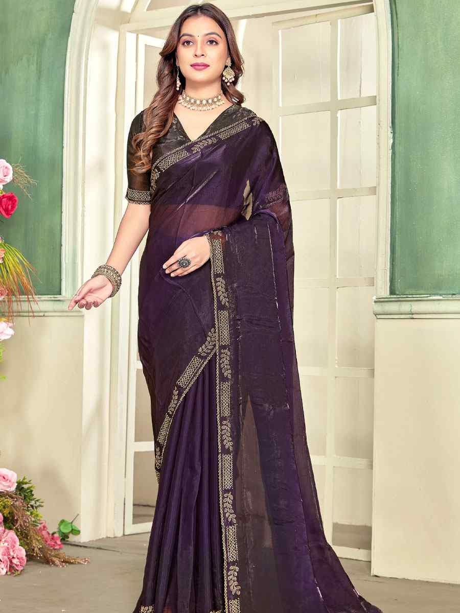 Purple Fendi Satin Silk Embroidery Bridal Reception Festival Wedding Fancy Classic Heavy Border Saree