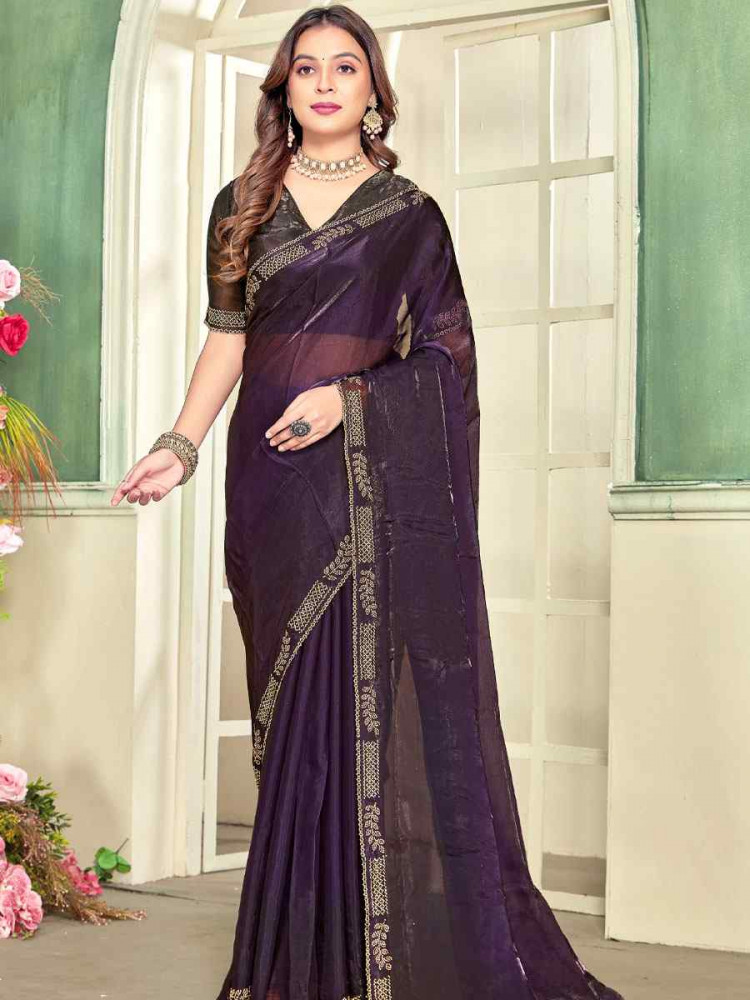 Image of Purple Fendi Satin Silk Embroidery Bridal Reception Festival Wedding Fancy Classic Heavy Border Saree