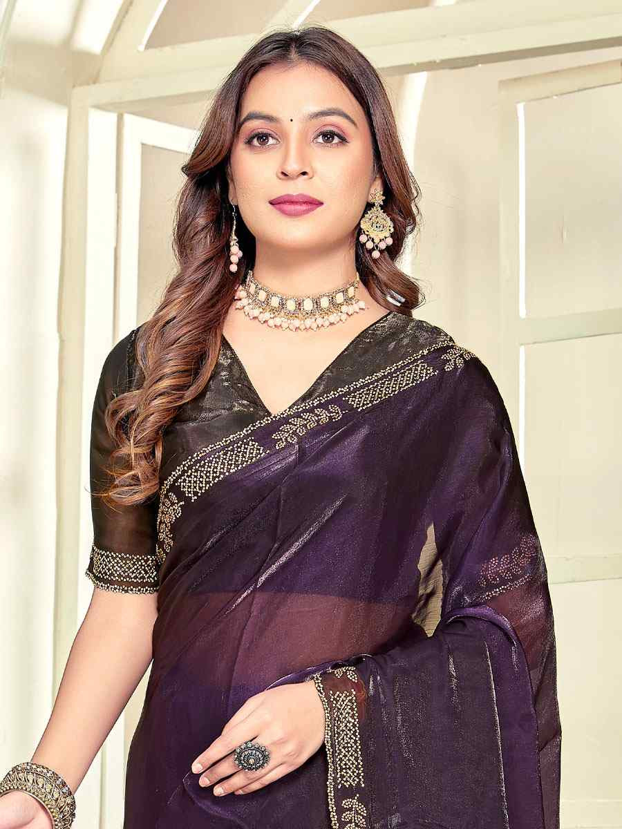 Purple Fendi Satin Silk Embroidery Bridal Reception Festival Wedding Fancy Classic Heavy Border Saree