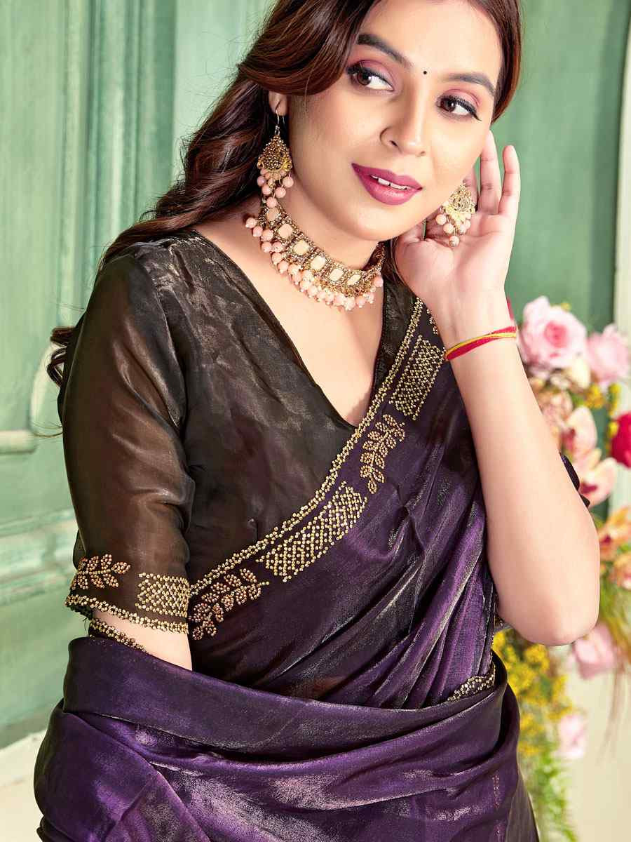 Purple Fendi Satin Silk Embroidery Bridal Reception Festival Wedding Fancy Classic Heavy Border Saree