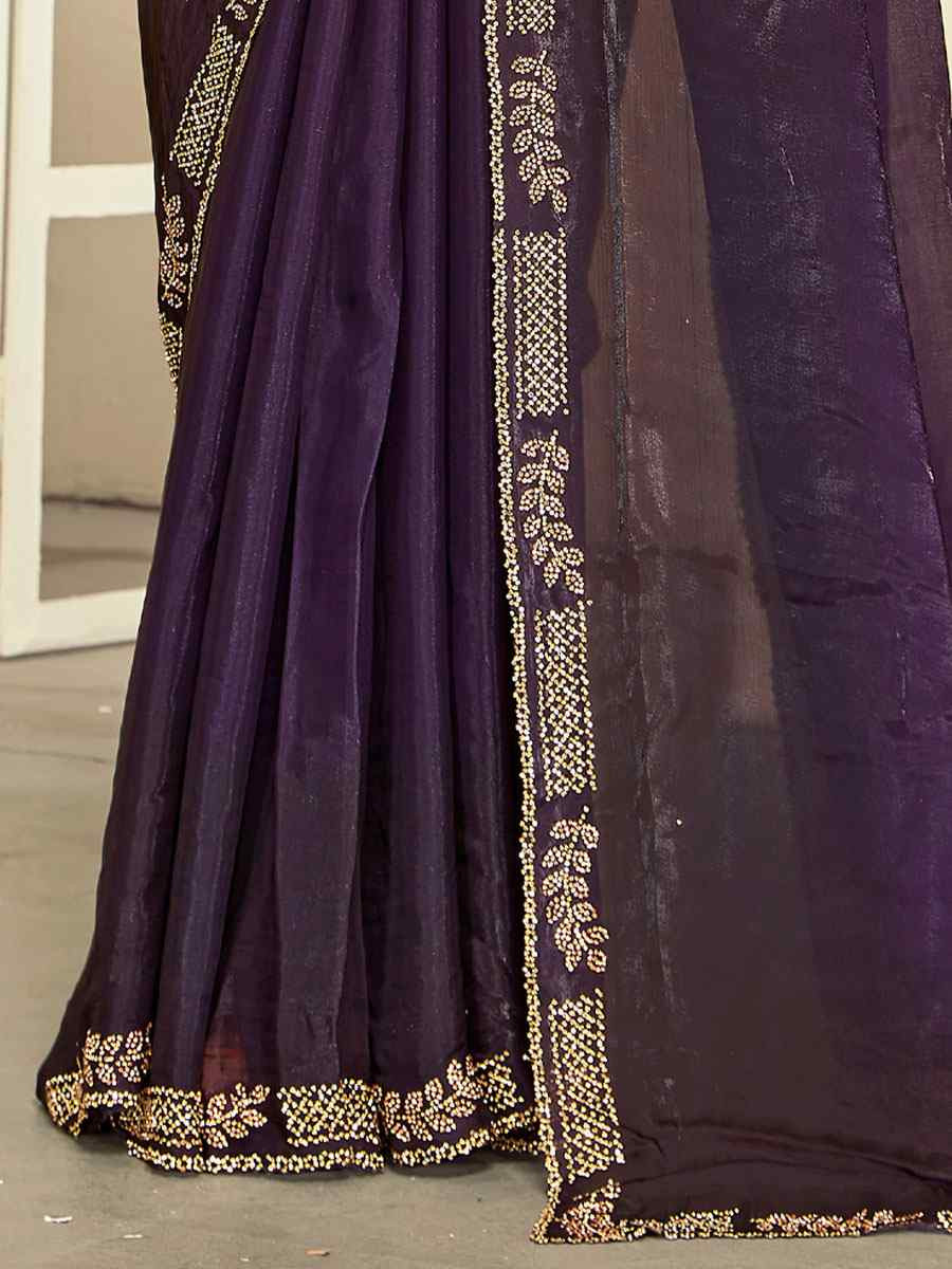 Purple Fendi Satin Silk Embroidery Bridal Reception Festival Wedding Fancy Classic Heavy Border Saree