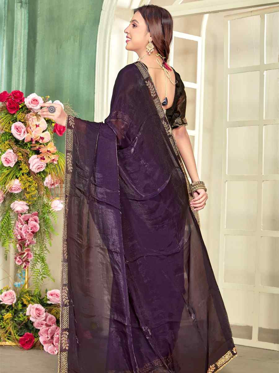 Purple Fendi Satin Silk Embroidery Bridal Reception Festival Wedding Fancy Classic Heavy Border Saree