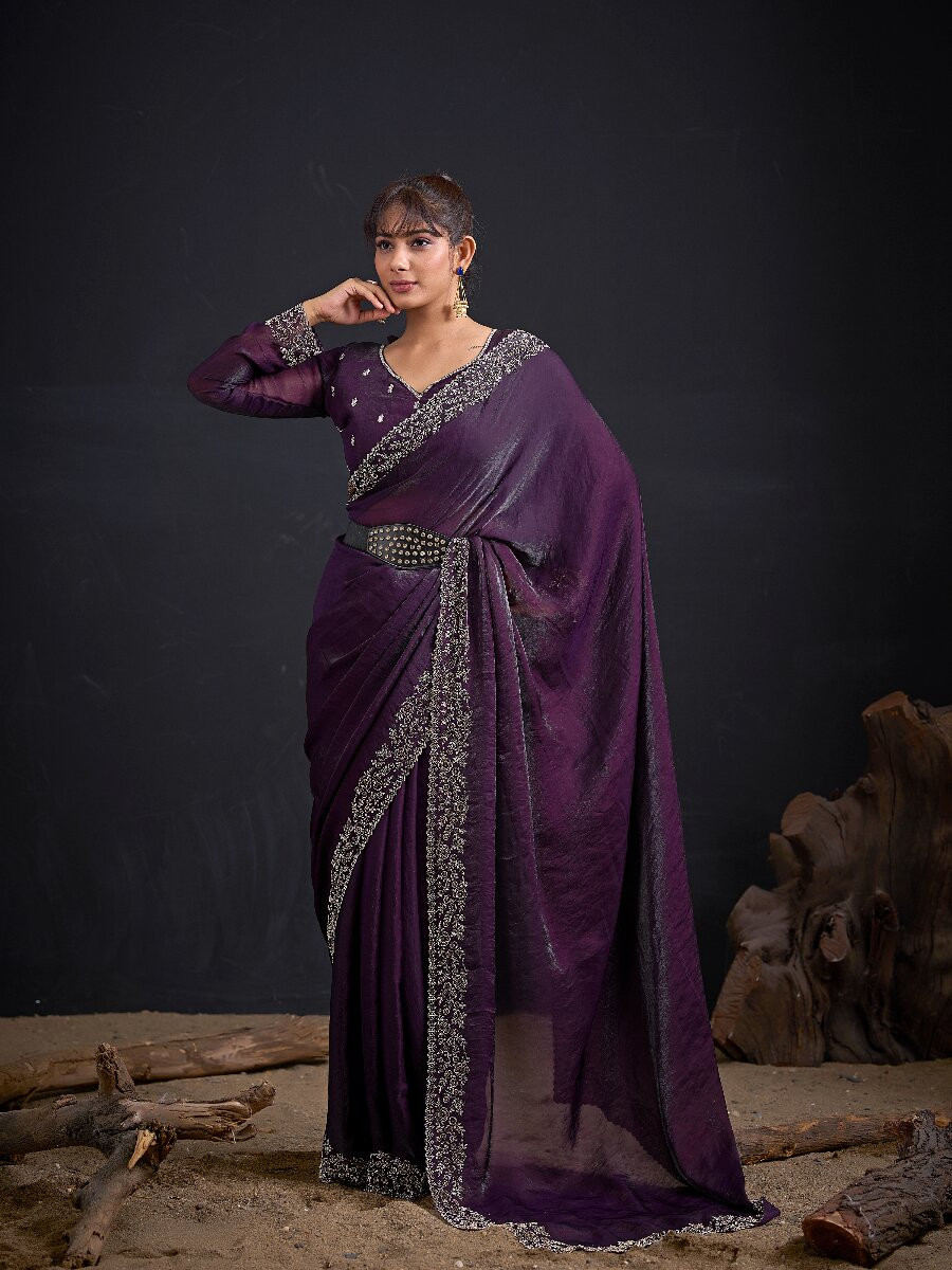 Purple Fendi Satin Silk Two Tone Embroidery Wedding Reception Party Festival Casual Heavy Border Sarees