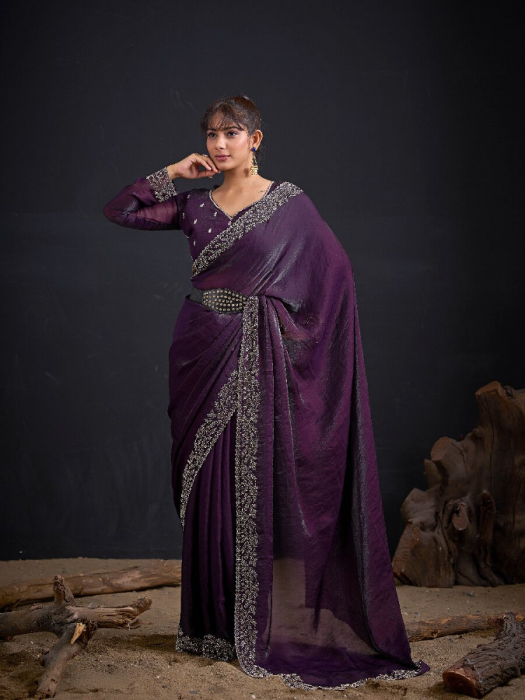 Image of Purple Fendi Satin Silk Two Tone Embroidery Wedding Reception Party Festival Casual Heavy Border Sarees