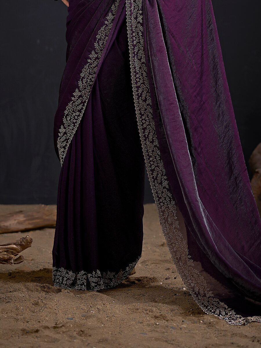 Purple Fendi Satin Silk Two Tone Embroidery Wedding Reception Party Festival Casual Heavy Border Sarees
