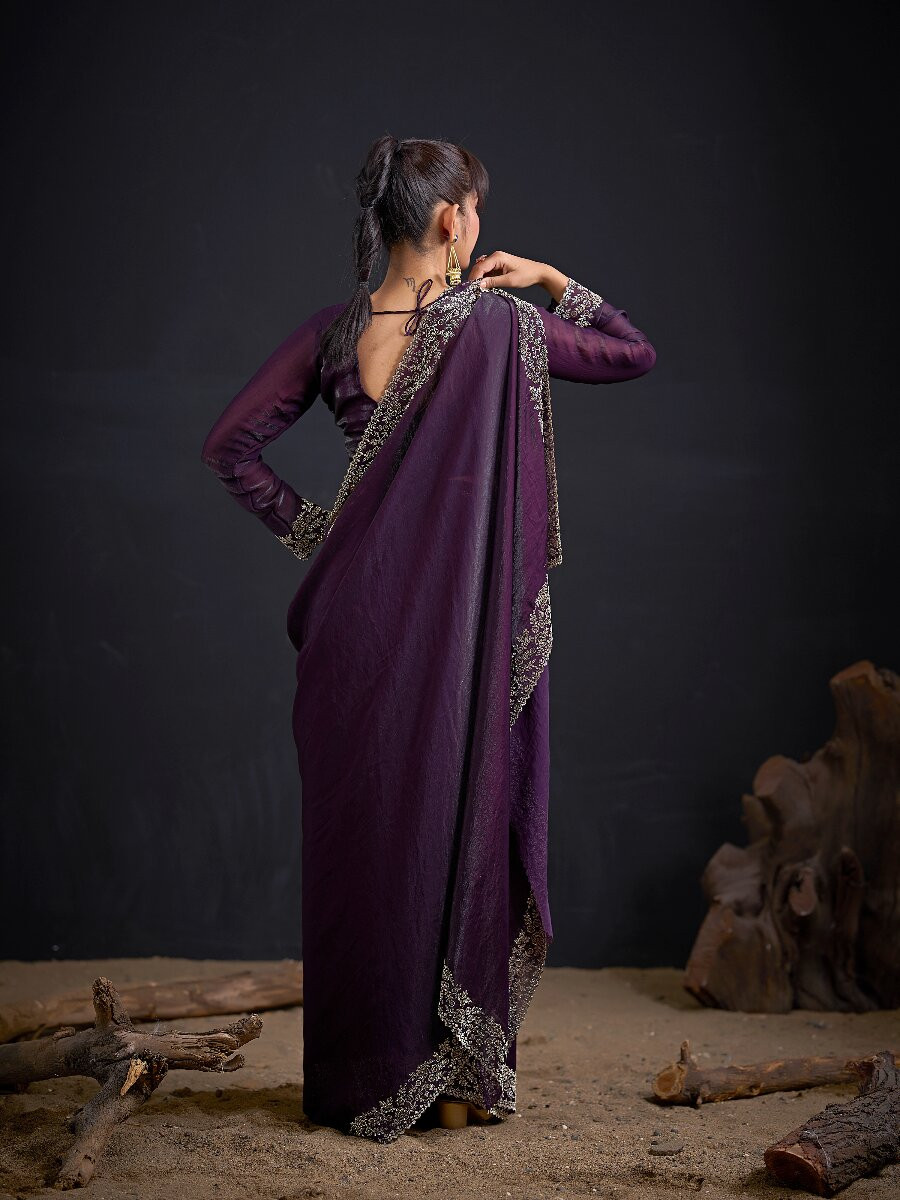 Purple Fendi Satin Silk Two Tone Embroidery Wedding Reception Party Festival Casual Heavy Border Sarees