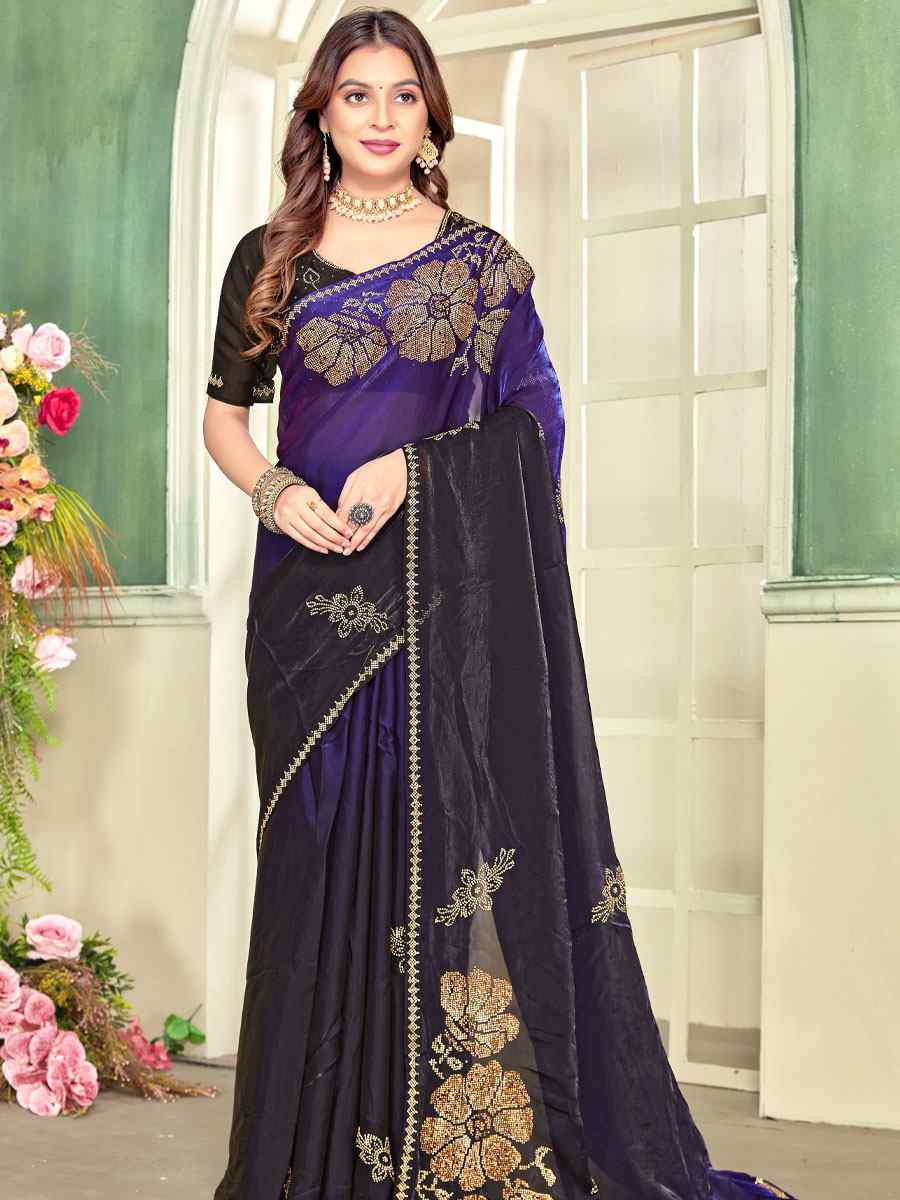 Purple Fendi Satin Silk Zircon Hand Embroidery Bridal Reception Festival Wedding Fancy Heavy Border Sarees