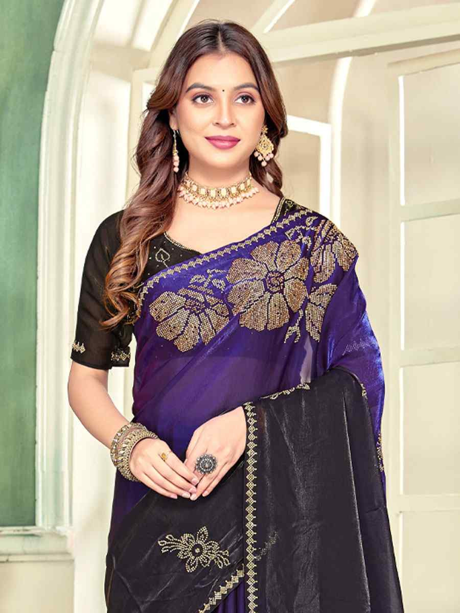 Purple Fendi Satin Silk Zircon Hand Embroidery Bridal Reception Festival Wedding Fancy Heavy Border Sarees