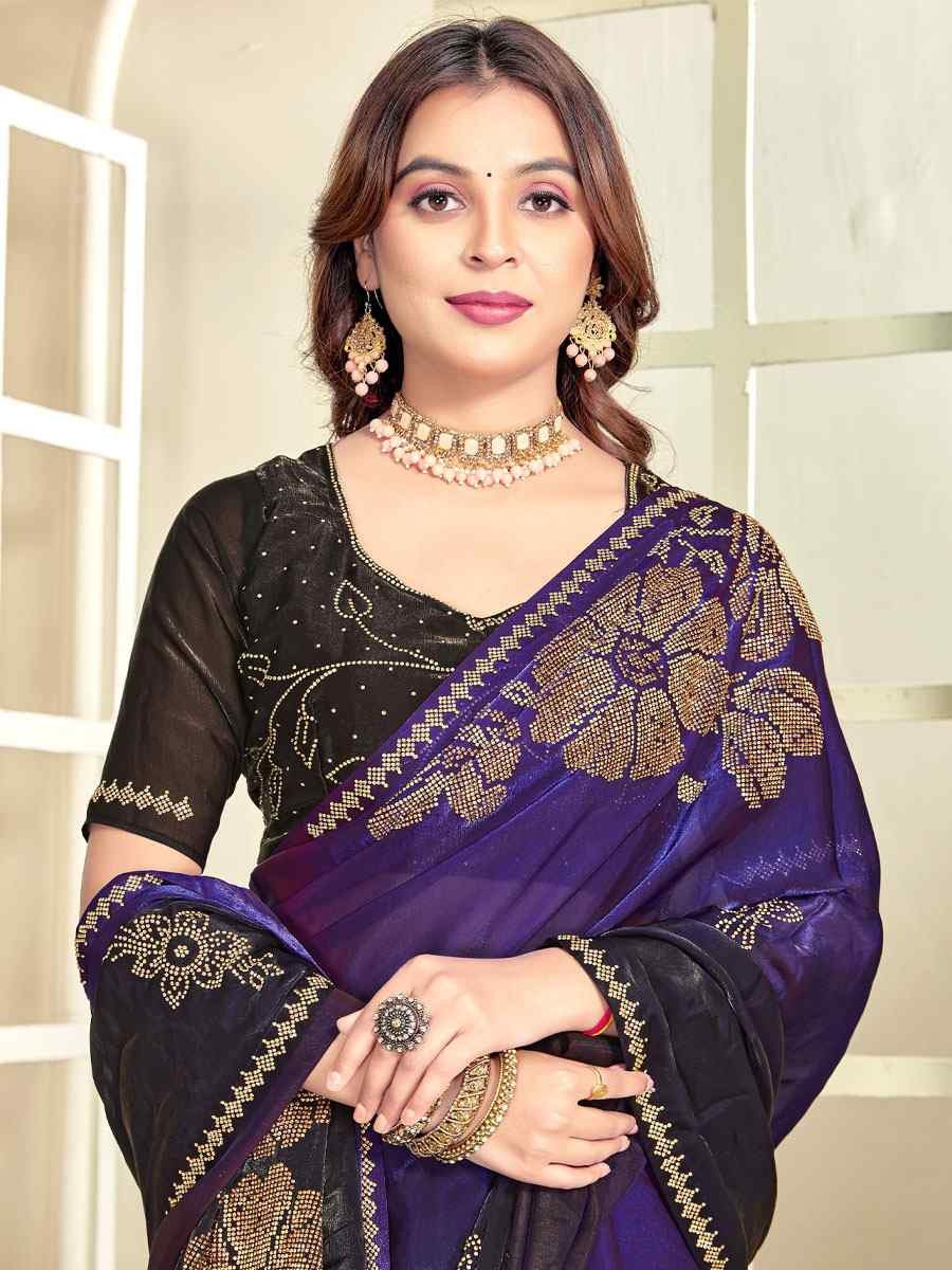 Purple Fendi Satin Silk Zircon Hand Embroidery Bridal Reception Festival Wedding Fancy Heavy Border Sarees