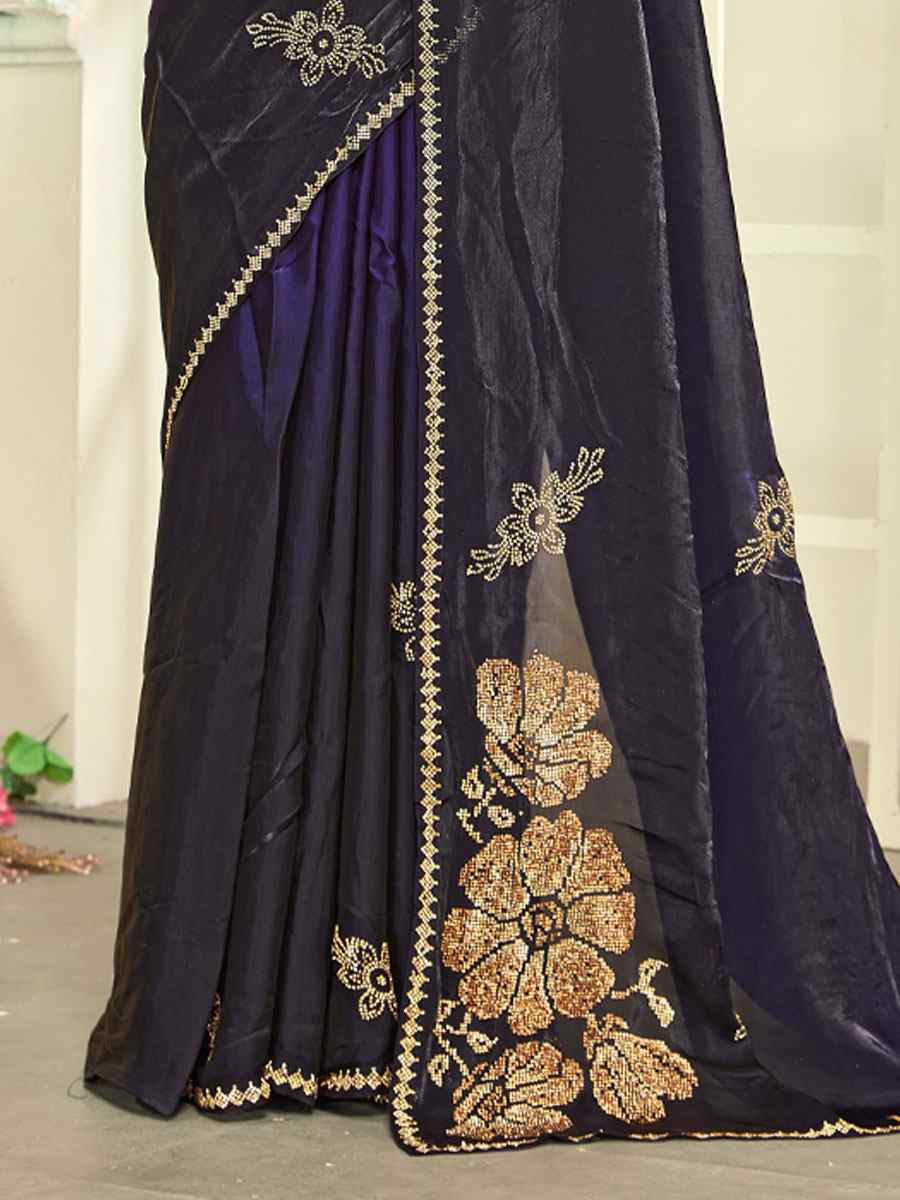 Purple Fendi Satin Silk Zircon Hand Embroidery Bridal Reception Festival Wedding Fancy Heavy Border Sarees
