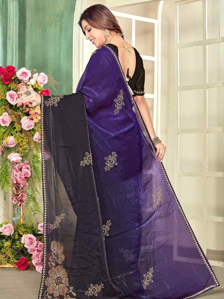 Purple Fendi Satin Silk Zircon Hand Embroidery Bridal Reception Festival Wedding Fancy Heavy Border Sarees