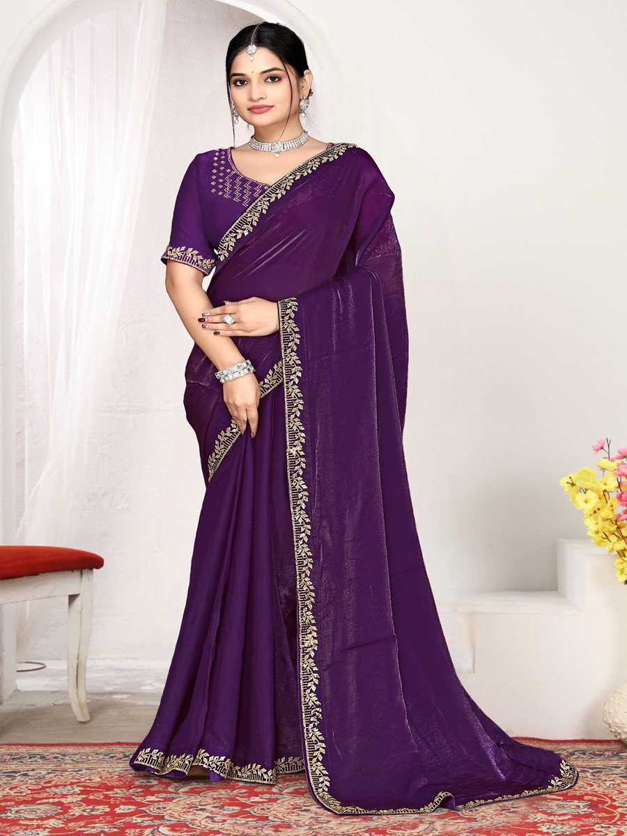 Purple Fendi satin silk Zircon Stone Embroidery Festival Wedding Fancy Classic Heavy Border Saree