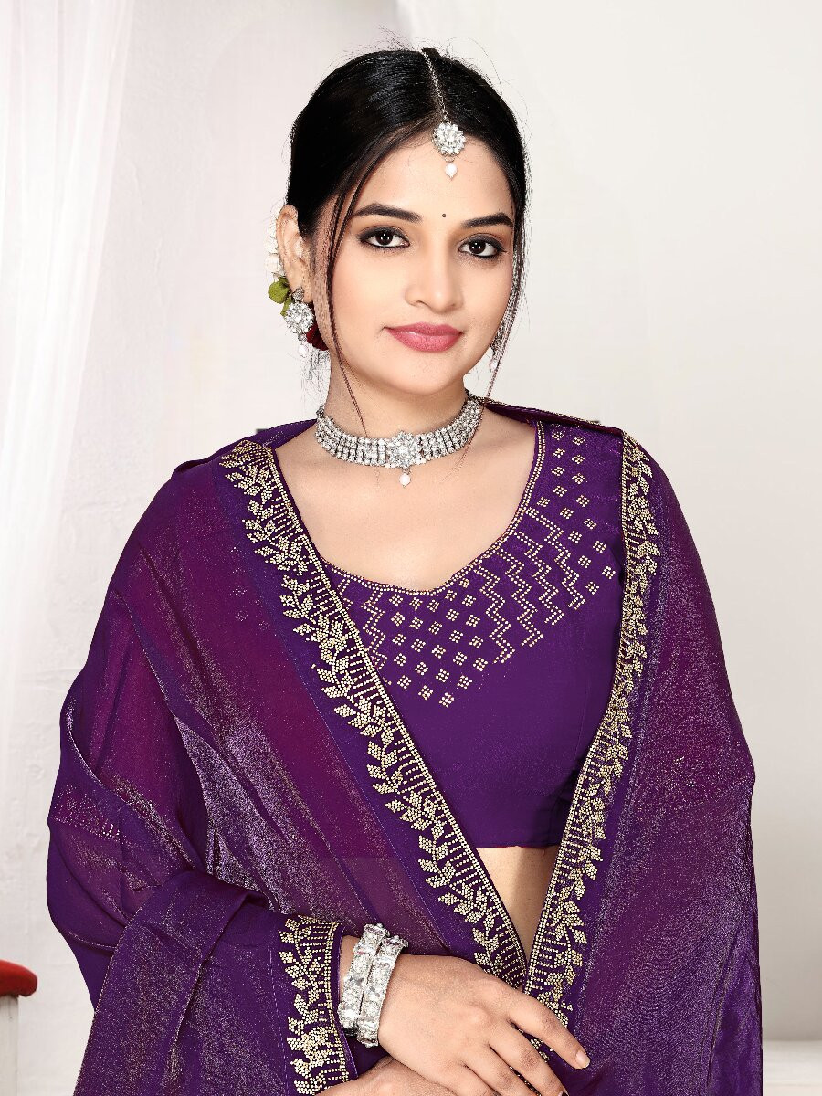 Purple Fendi satin silk Zircon Stone Embroidery Festival Wedding Fancy Classic Heavy Border Saree