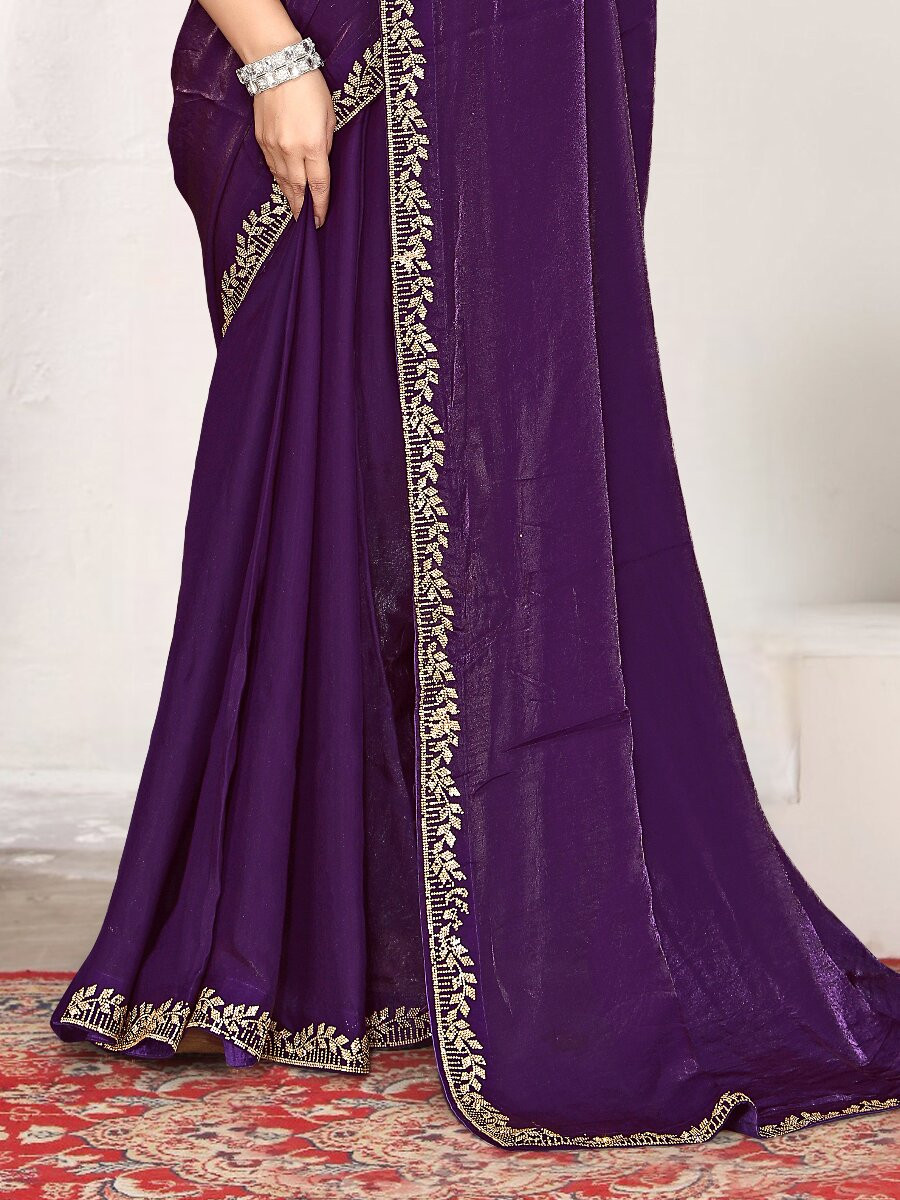 Purple Fendi satin silk Zircon Stone Embroidery Festival Wedding Fancy Classic Heavy Border Saree
