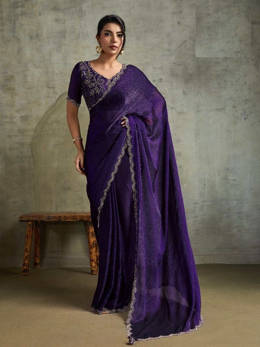 Purple Fendy Chiffon bloomingSequins Wedding Reception Party Festival Heavy Border Sarees