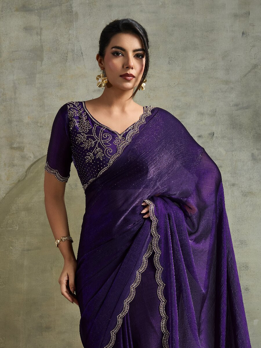 Purple Fendy Chiffon bloomingSequins Wedding Reception Party Festival Heavy Border Sarees