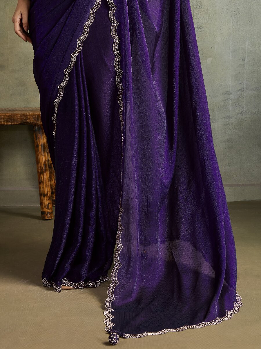 Purple Fendy Chiffon bloomingSequins Wedding Reception Party Festival Heavy Border Sarees