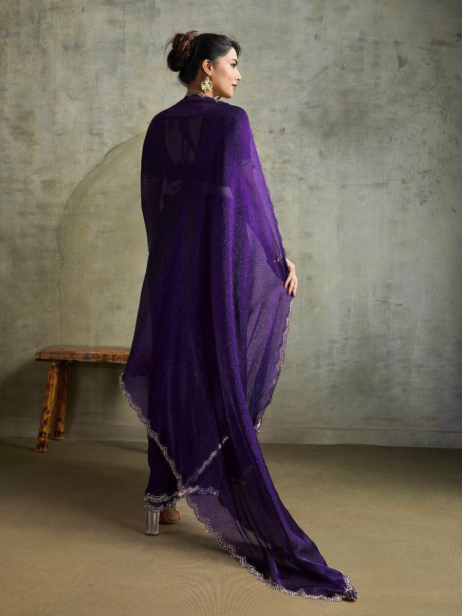 Purple Fendy Chiffon bloomingSequins Wedding Reception Party Festival Heavy Border Sarees