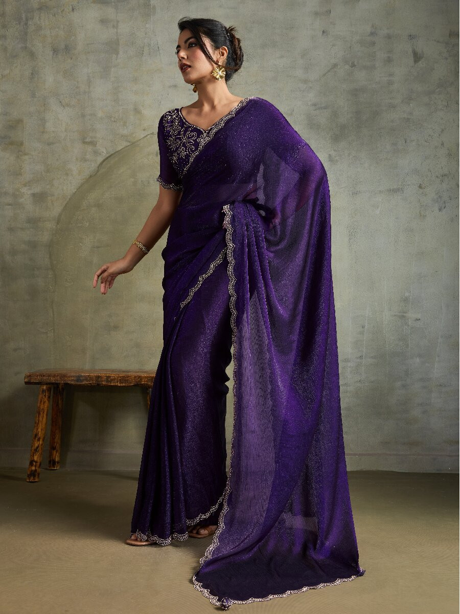 Purple Fendy Chiffon bloomingSequins Wedding Reception Party Festival Heavy Border Sarees