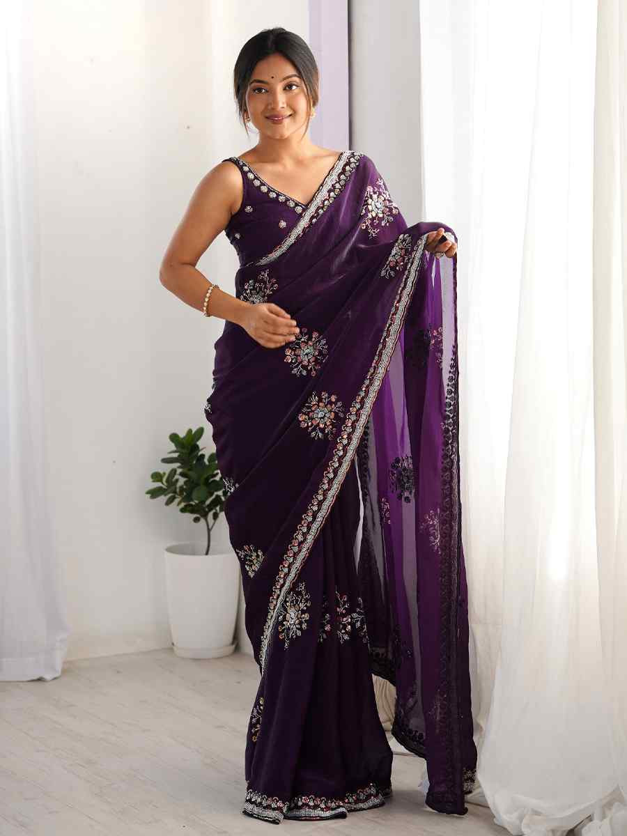 Purple Fendy Satin Embroidered Festival Wedding Fancy Heavy Border Saree