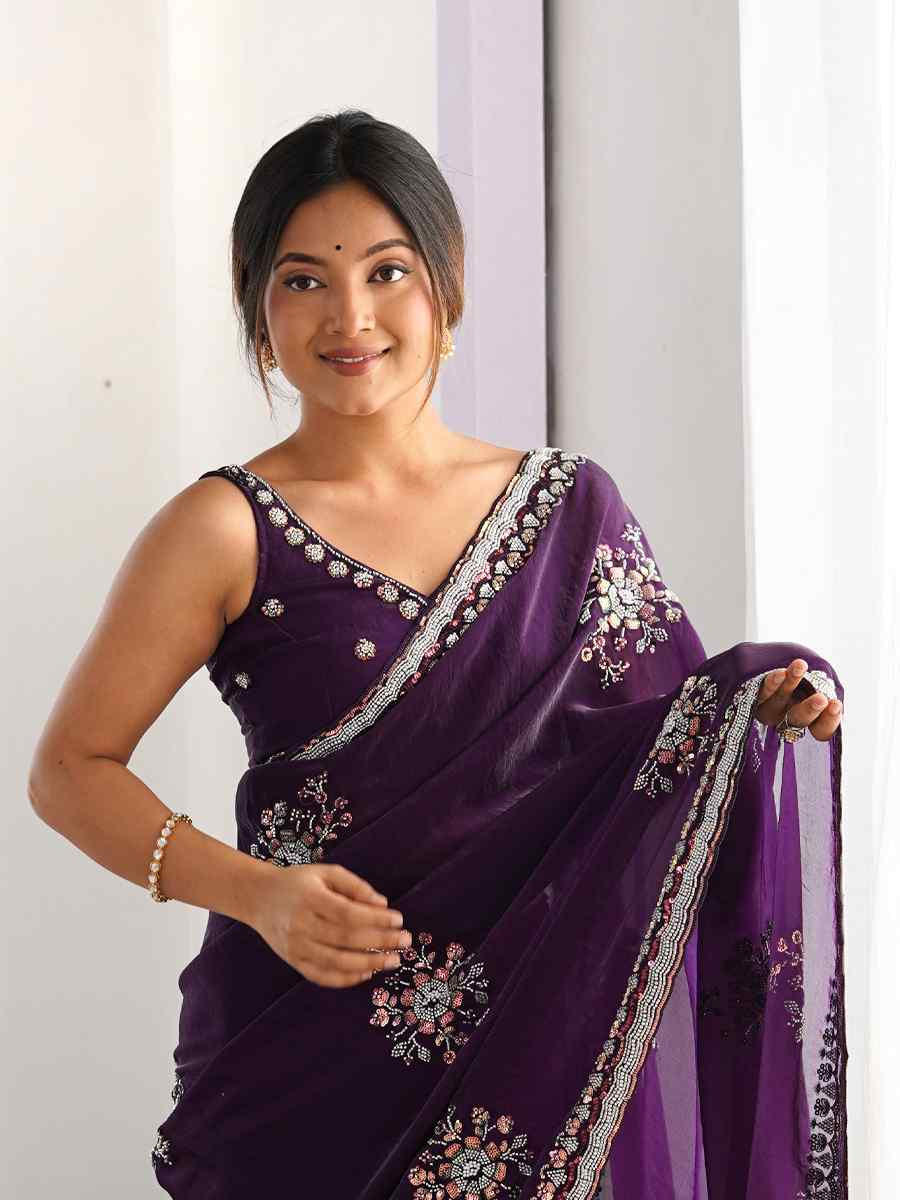 Purple Fendy Satin Embroidered Festival Wedding Fancy Heavy Border Saree