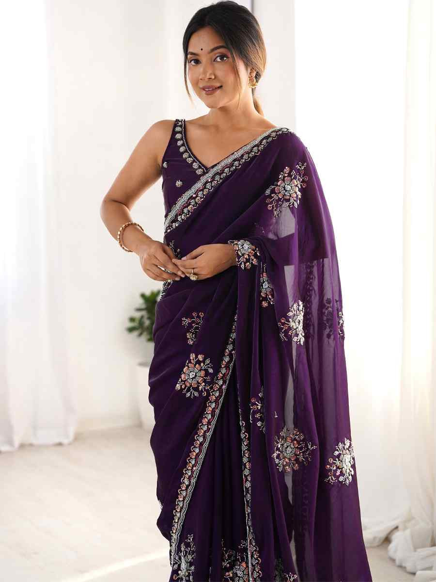 Purple Fendy Satin Embroidered Festival Wedding Fancy Heavy Border Saree