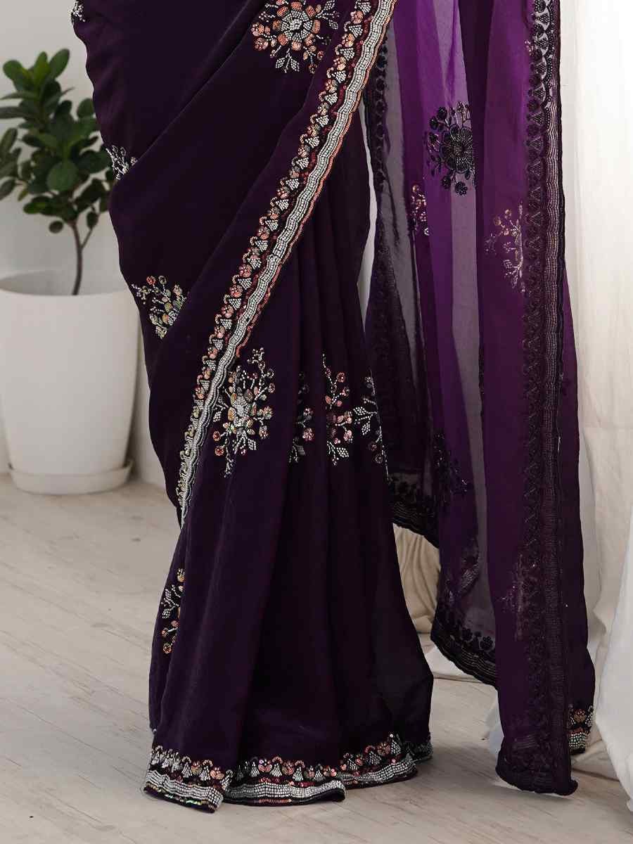 Purple Fendy Satin Embroidered Festival Wedding Fancy Heavy Border Saree