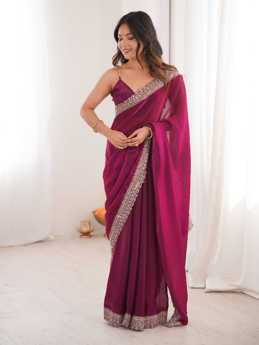 Purple Fendy Satin Embroidery Lace Border Wedding Party Festival Reception Casual Heavy Border Sarees